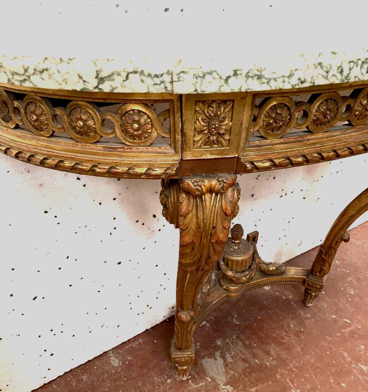 Louis XVI style console in gilded wood 20th century Veined green marble top