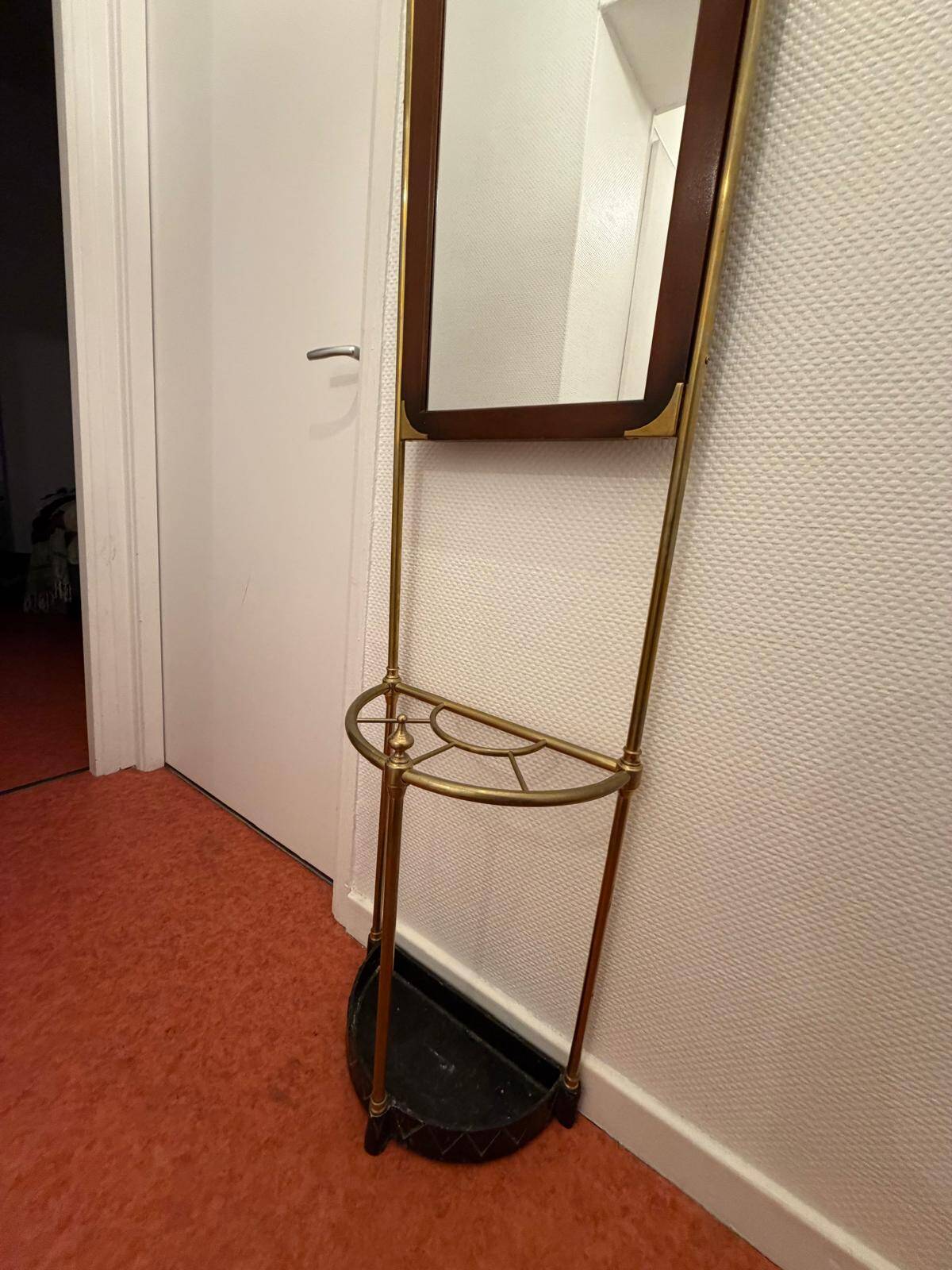 Antique brass coat rack with mirror – Vintage entrance hall wardrobe