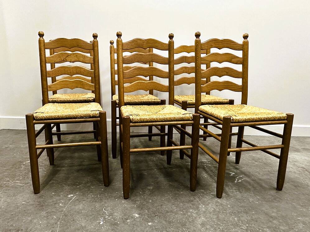 Set of 6 French Provence oak farmhouse country dining chairs with rush seating