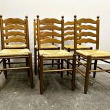 Set of 6 French Provence oak farmhouse country dining chairs with rush seating