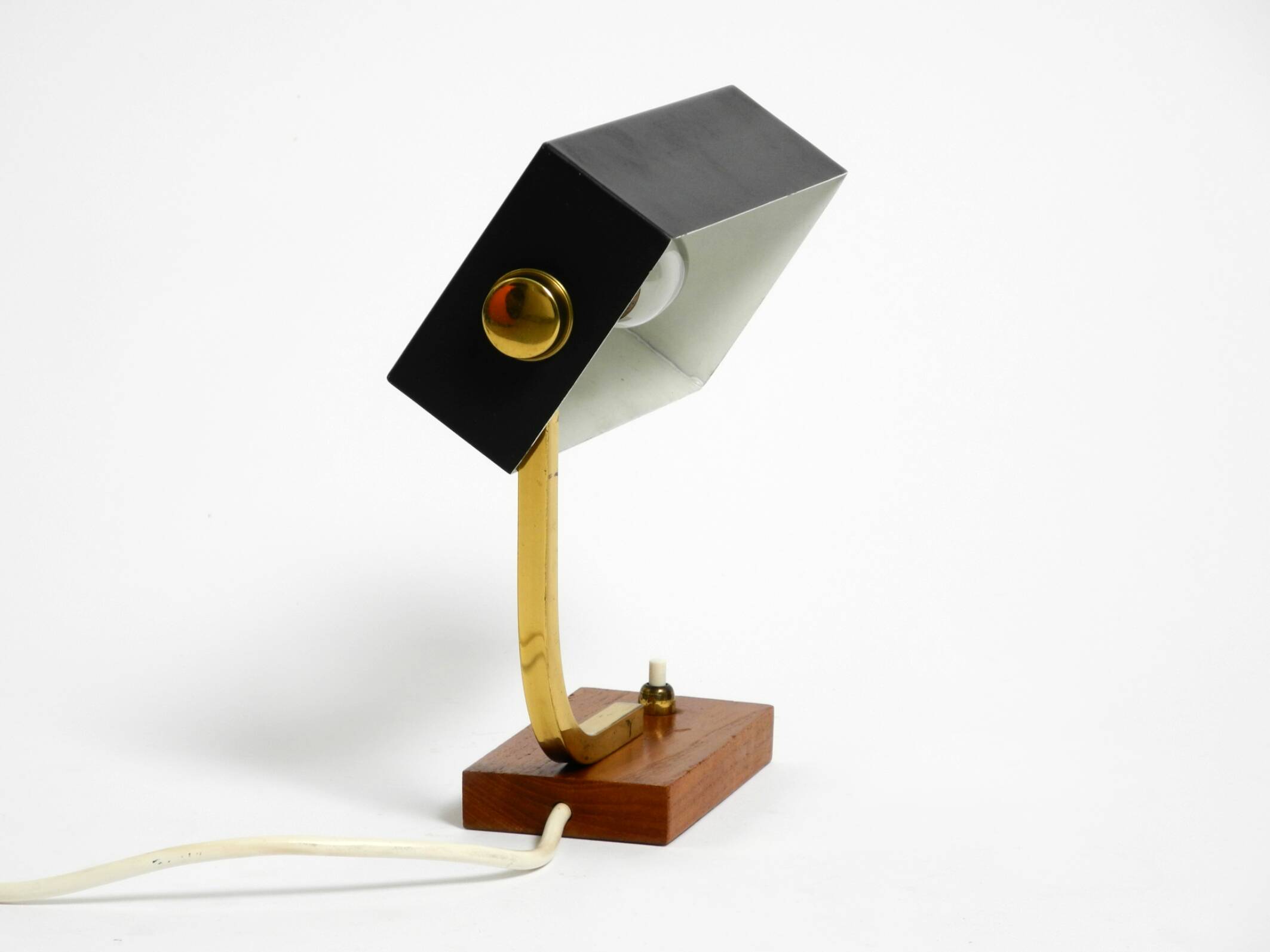 Beautiful small Mid Century Modern metal and brass table lamp with teak bas