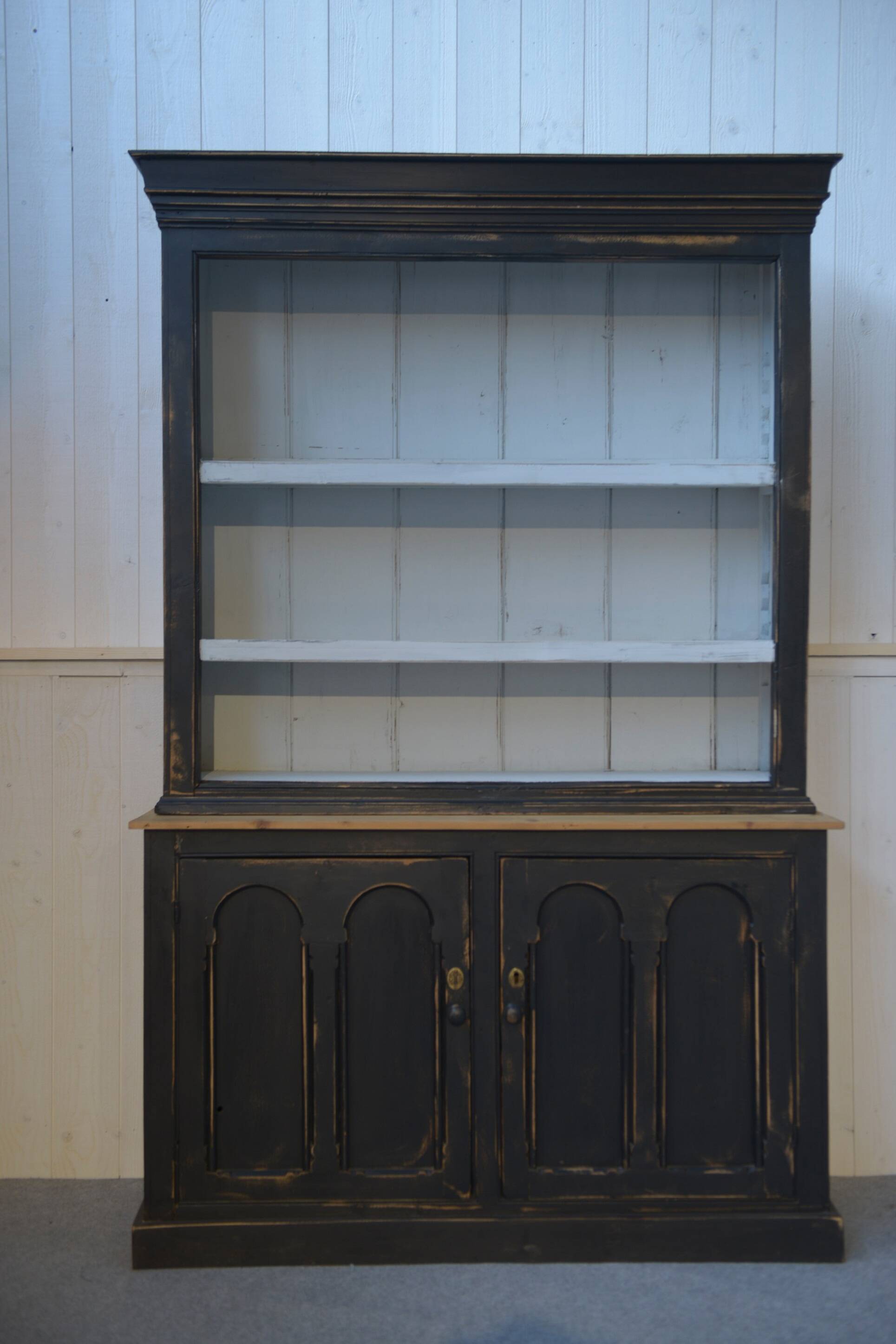 Two-body sideboard with black patina and white interior, 1950s