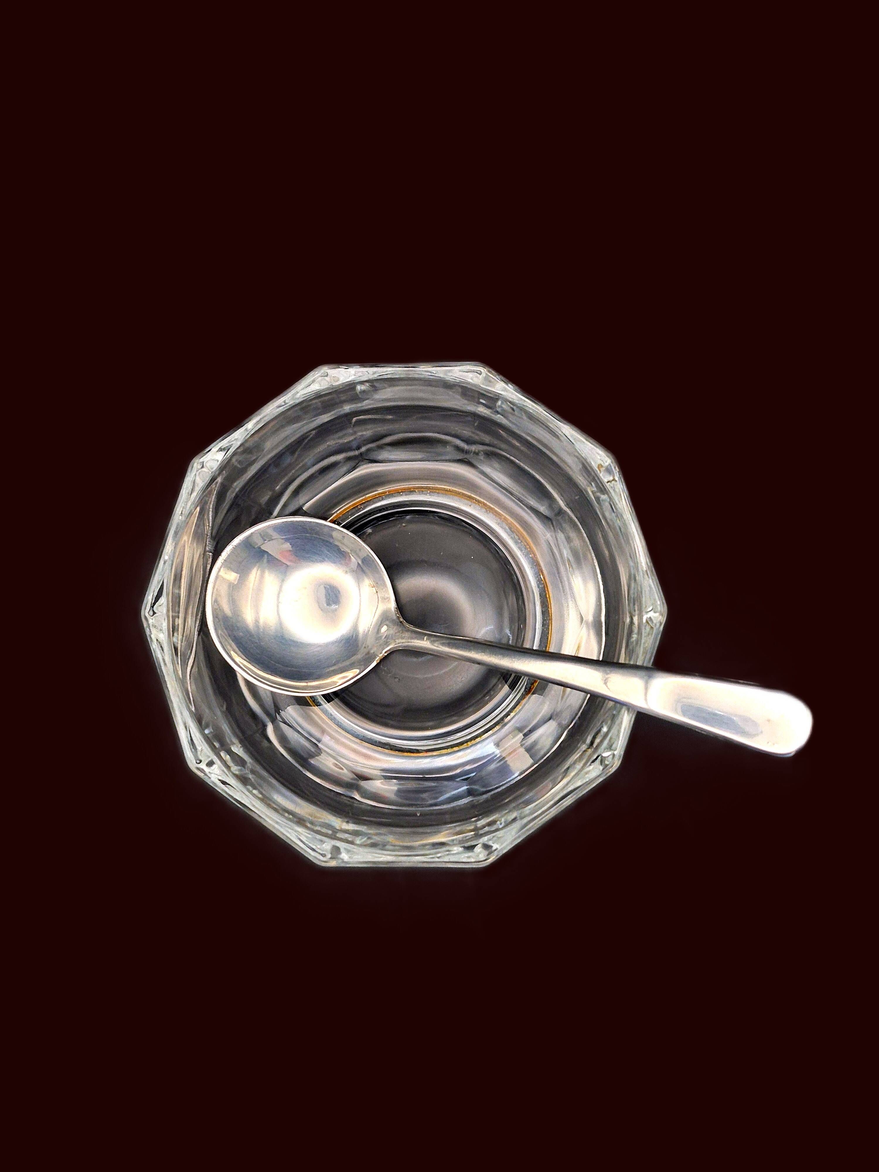 Art Deco thick crystal/glass bowl, silver-plated metal pedestal.