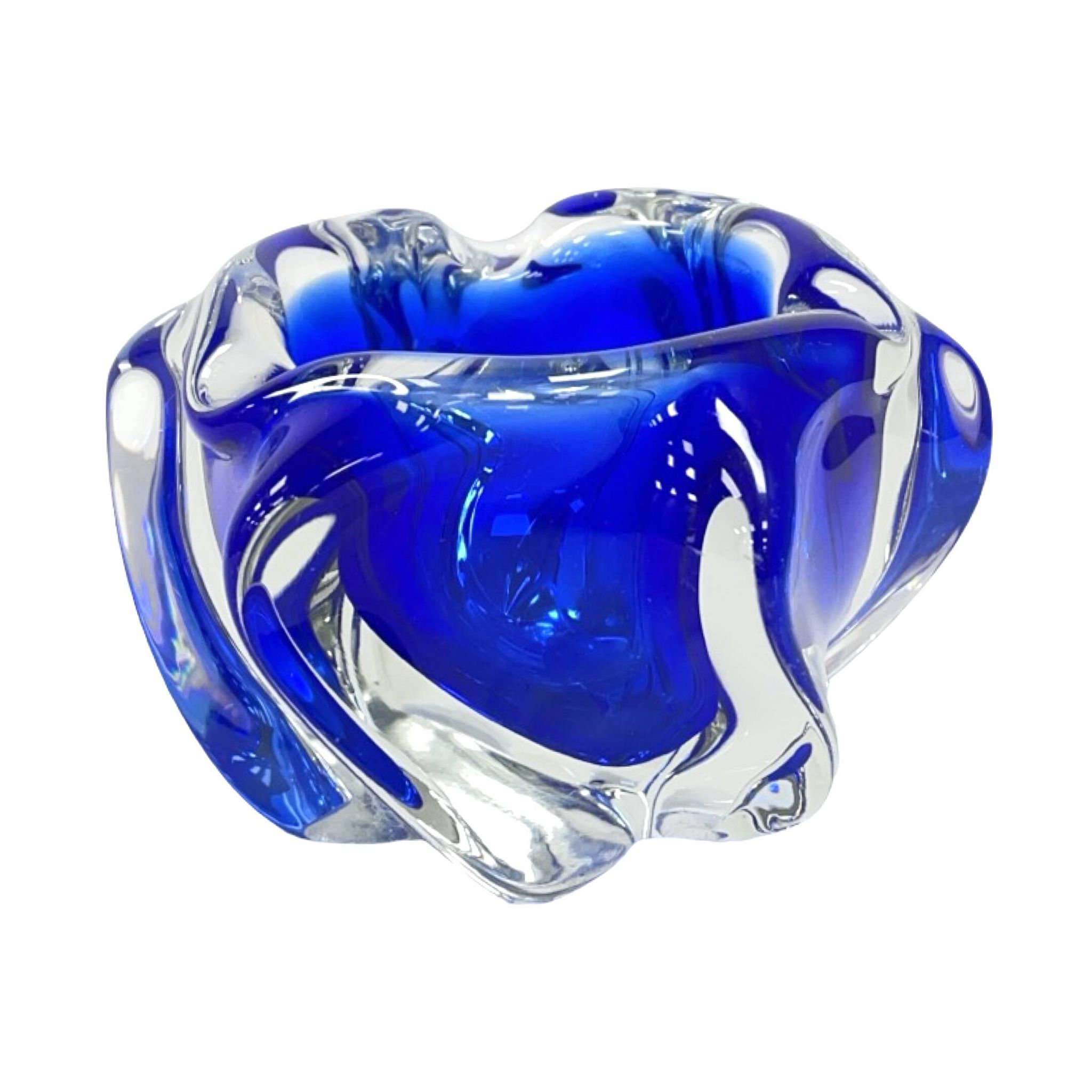 Chřibská Sklarna Czechoslovakia 1970s freeform art ashtray, cobalt glass
