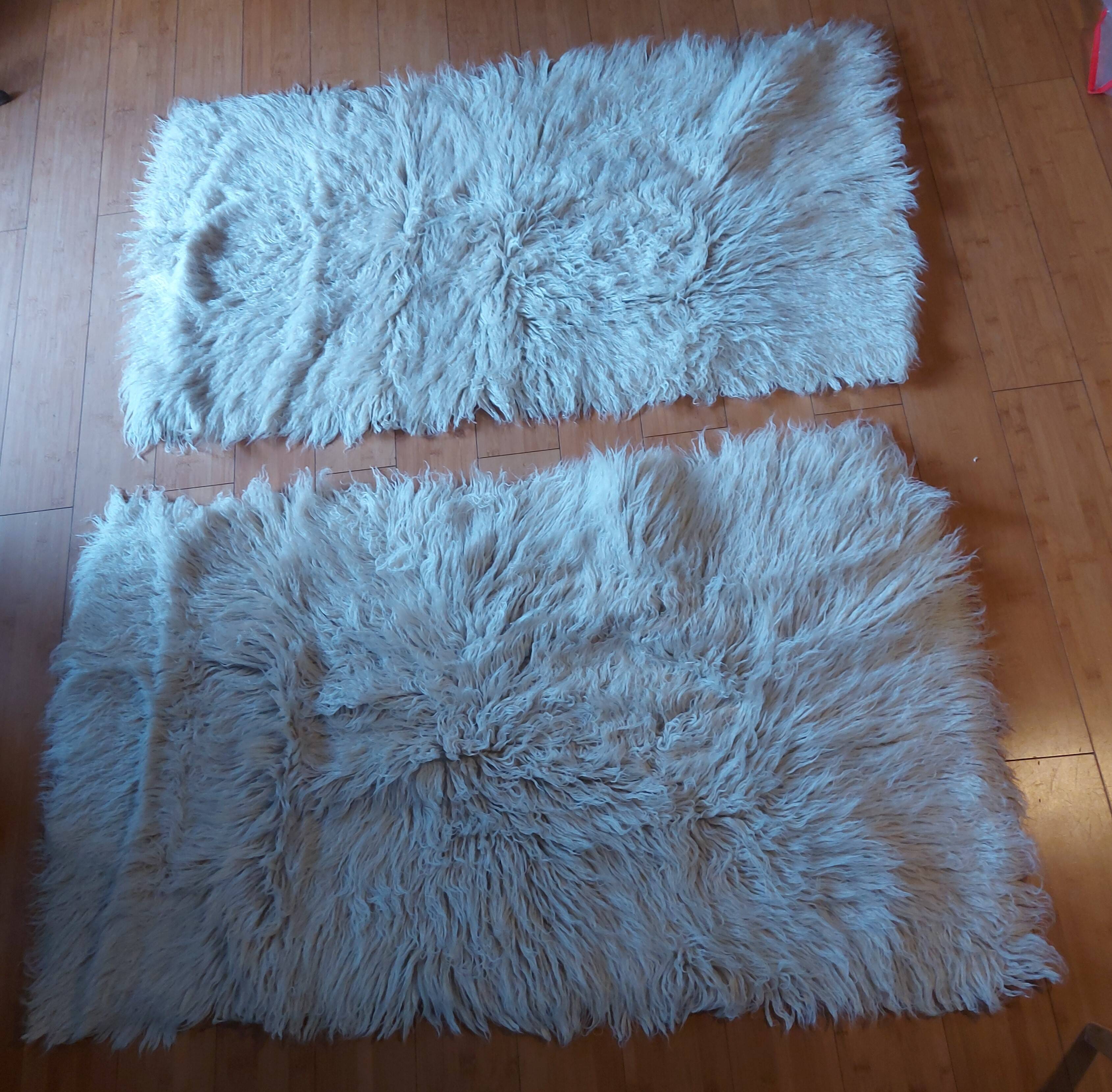 White pure wool long pile rug, vintage