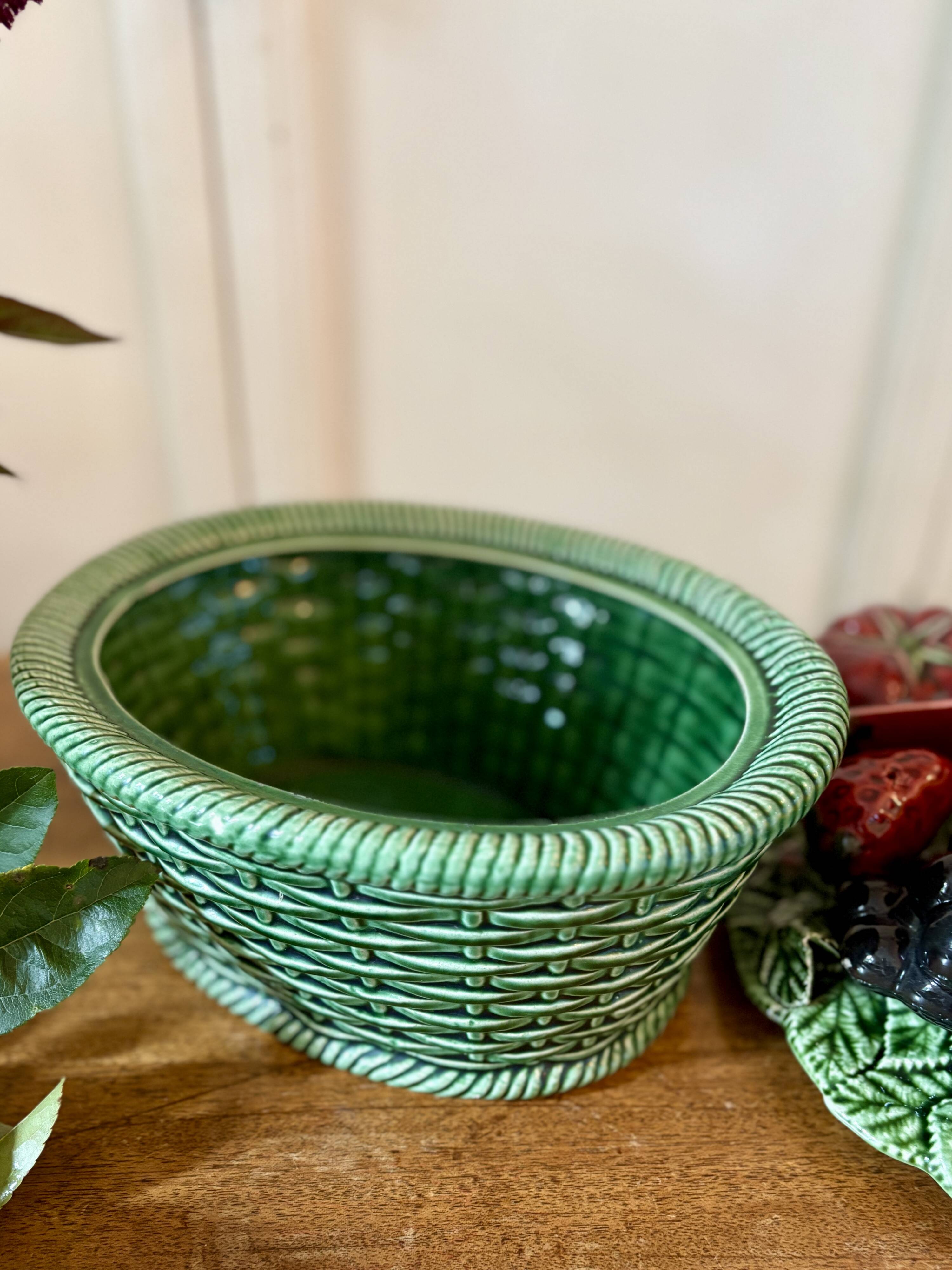 Vintage barbotine dish with fruit decorations