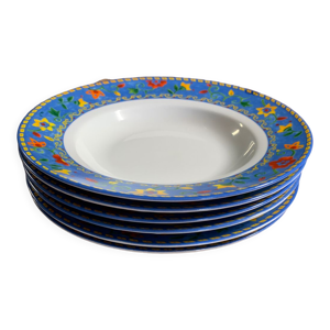 6 assiettes creuses vintage bleu/fleurs