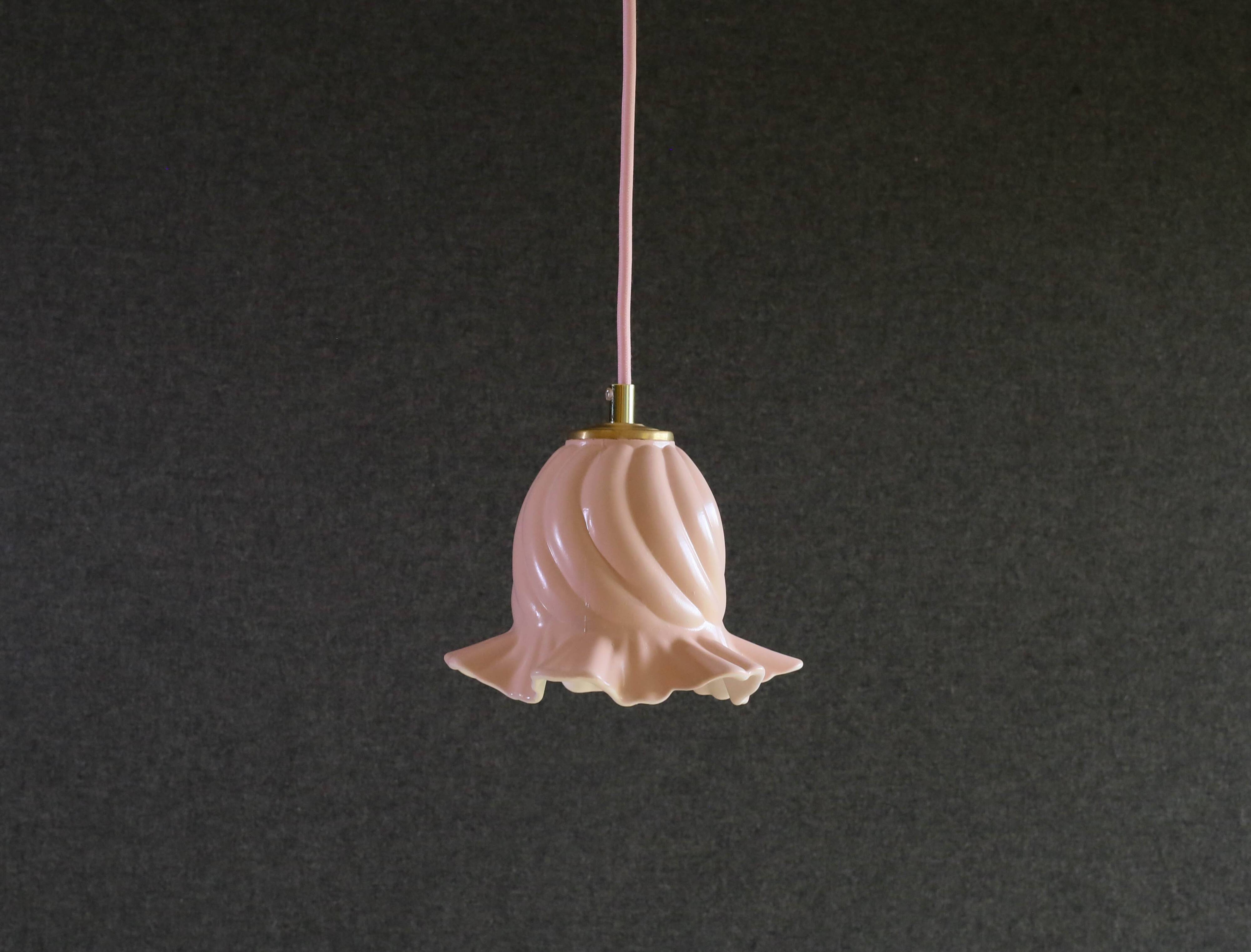 Old pendant light in pink and white painted glass, French pendant light - delivered with socket and cable