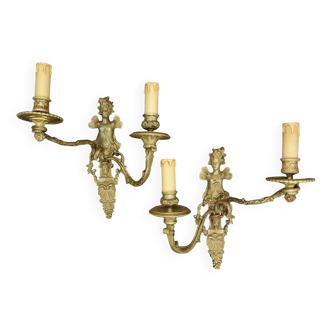 Pair of 19th century Regency style wall lights with winged nymphs - bronze