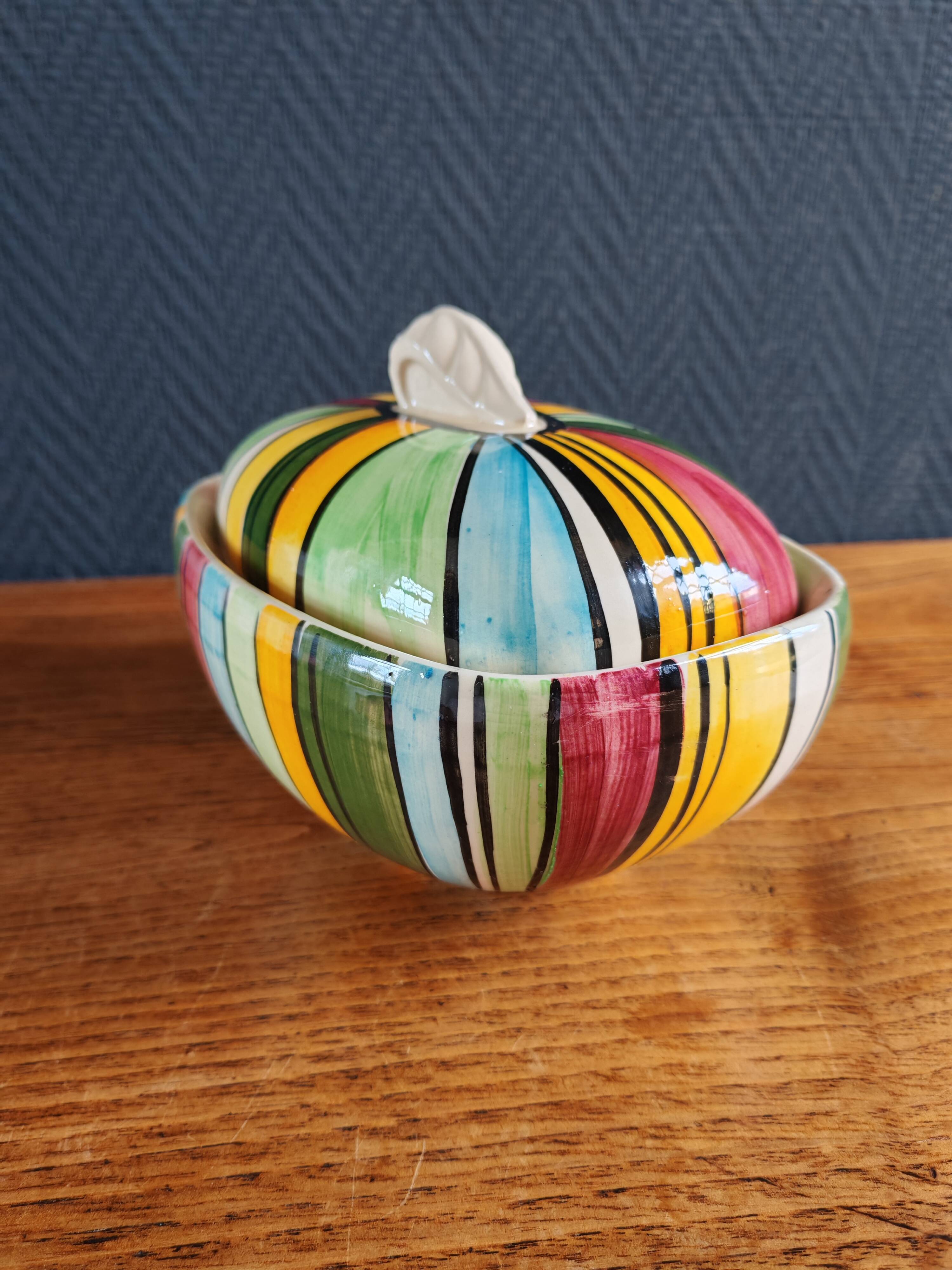 Vintage Ceramic Bonbonnière with Colourful Stripes - Jewellery Box