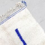 Ecru Beni Ouarain Berber rug with Majorelle blue patterns, 2.60x1.47m