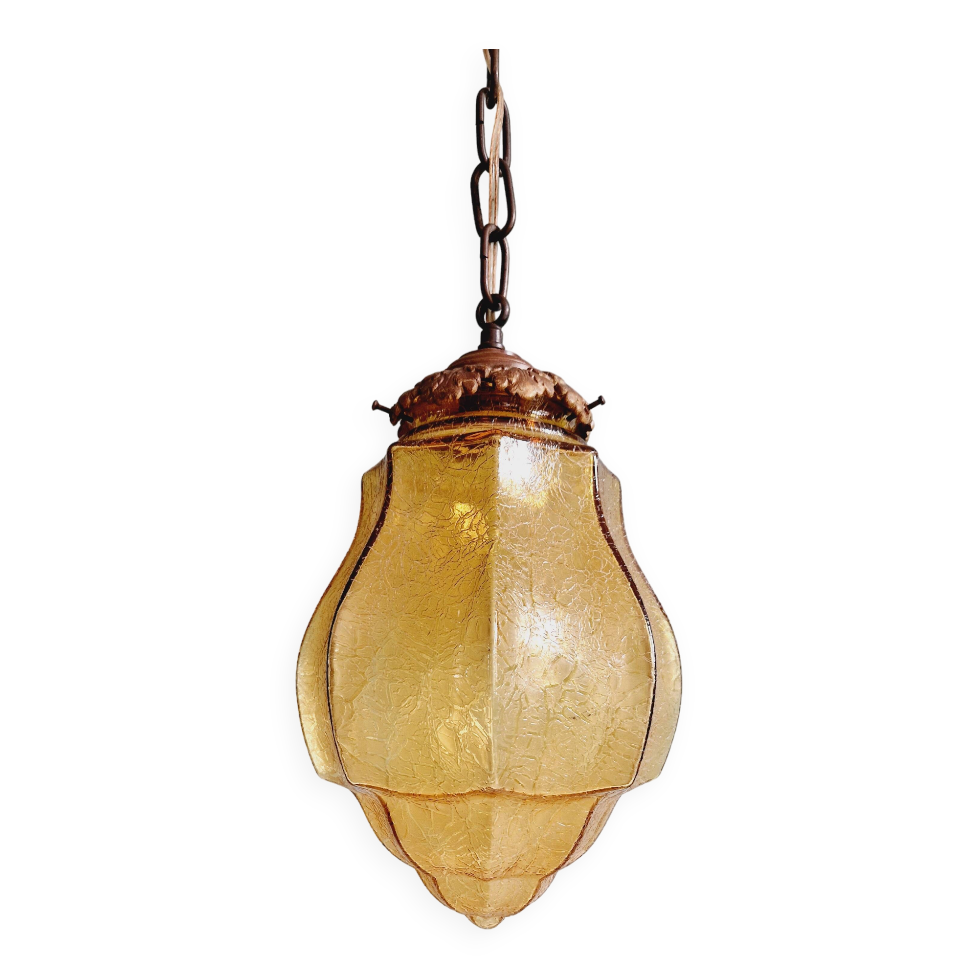 Suspension Art Déco en verre craquelé ambre, années 1920-30