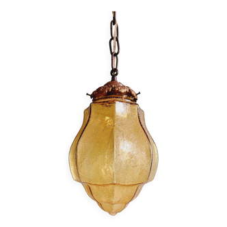 Suspension Art Déco en verre craquelé ambre, années 1920-30
