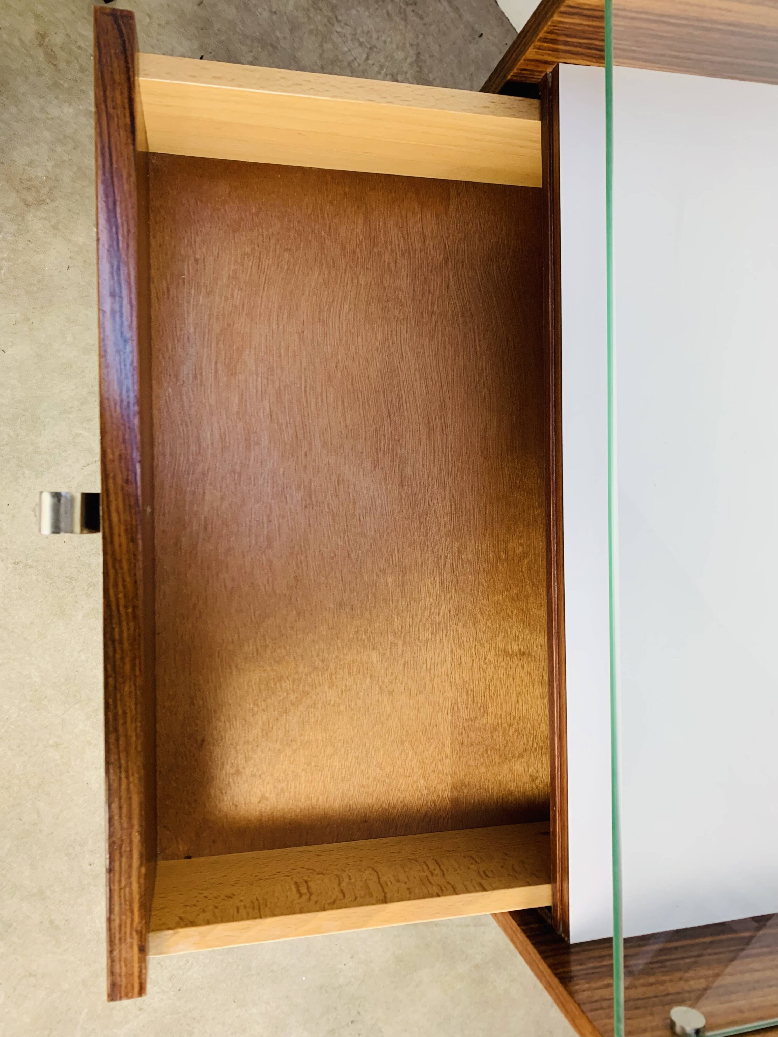 Rosewood and glass chest of drawers, 1960s, Scandinavian storage furniture.