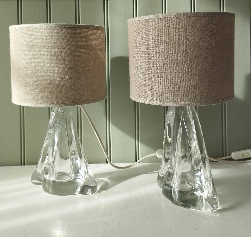 Pair of table lamps - Twisted transparent glass bases from the 1950s - Hemp shades