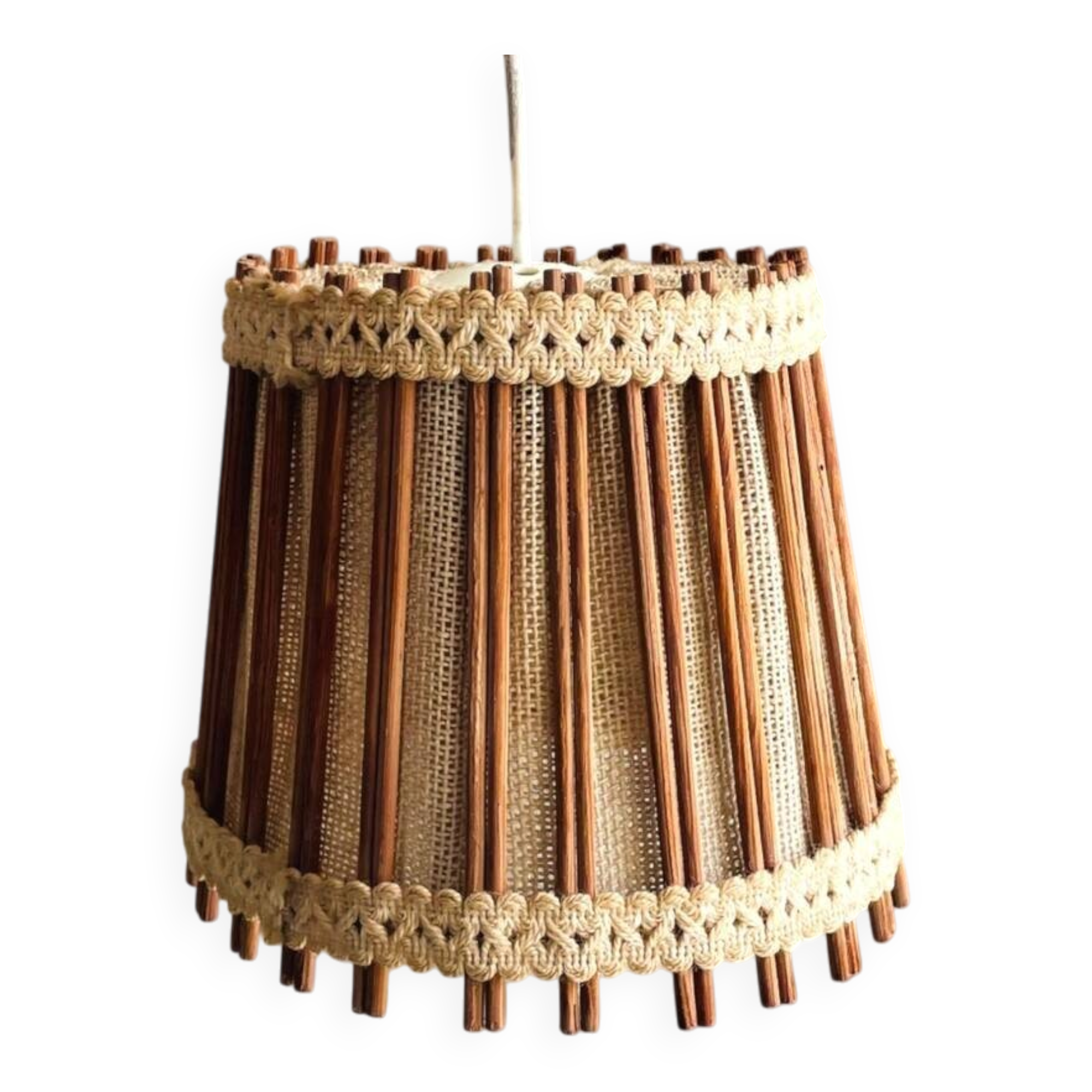 Rustic 1960s wood and burlap hanging lam