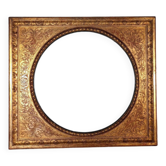 Old Florentine frame round view rebate 38 cm chiseled wood gilded stucco + glass SB656