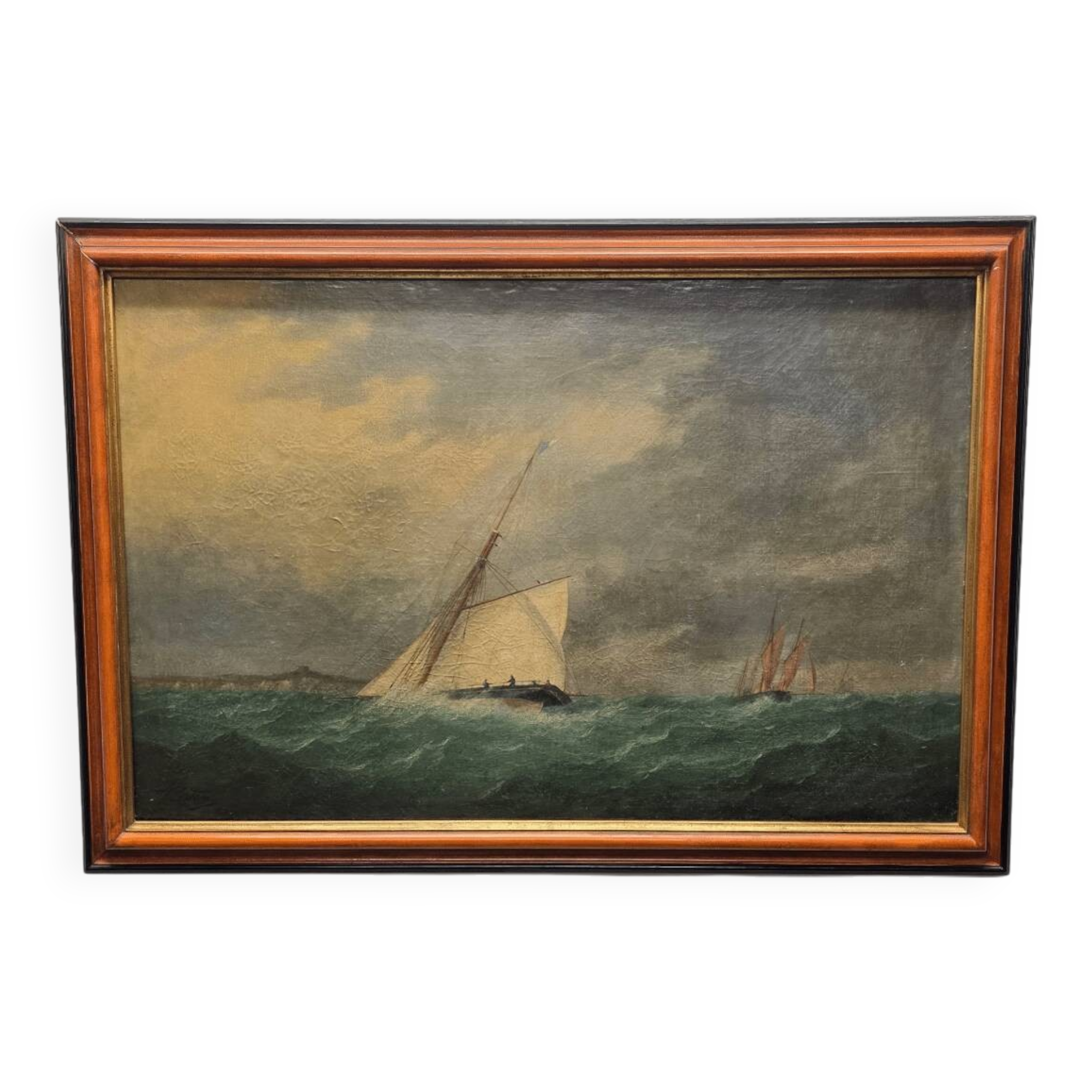 Antique Painting With A Sailboat On A Rough Sea, from around 1900