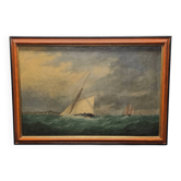 Antique Painting With A Sailboat On A Rough Sea, from around 1900