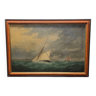 Antique Painting With A Sailboat On A Rough Sea, from around 1900