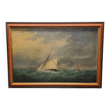 Peinture antique avec un voilier sur une mer agitée, vers 1900.