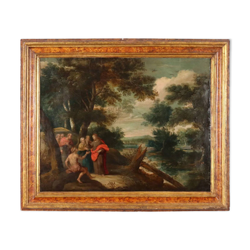 Ancient painting of a healing scene from the 1600s, oil on copper.