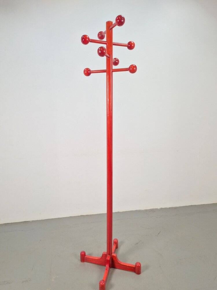 Postmodern Red Stained Beech Coat Rack with Balls, Italy, 1970s
