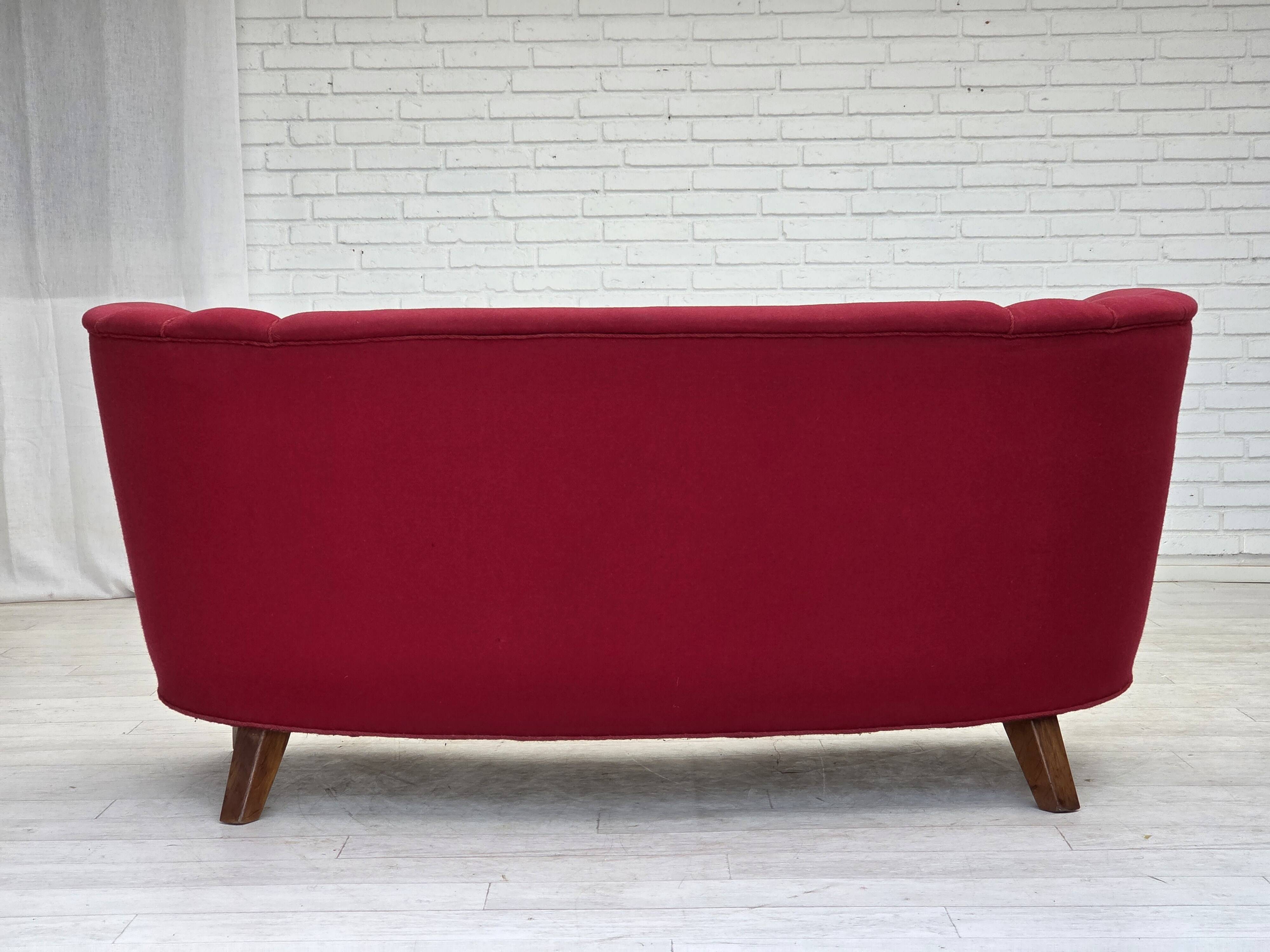 1960s, Danish 2-seater "Banana" sofa, furniture wool, oak wood legs.