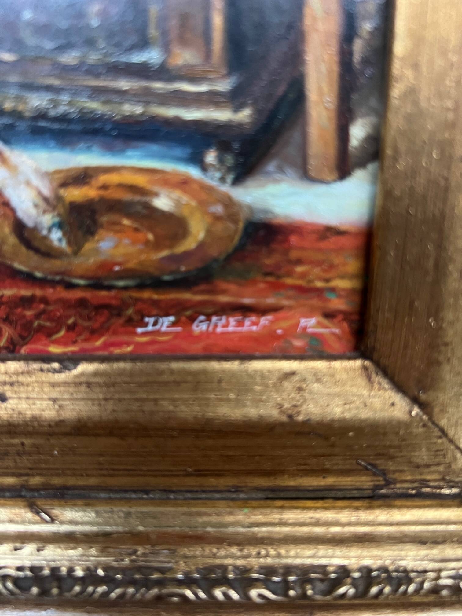 R. de Greef. “Girl with a bird” genre painting.