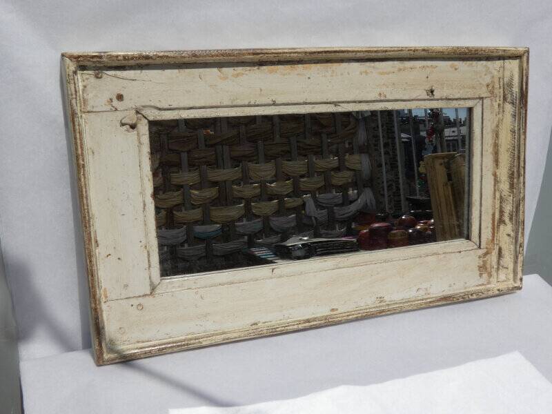 Old Teak Wood Mirror Off-White Patina