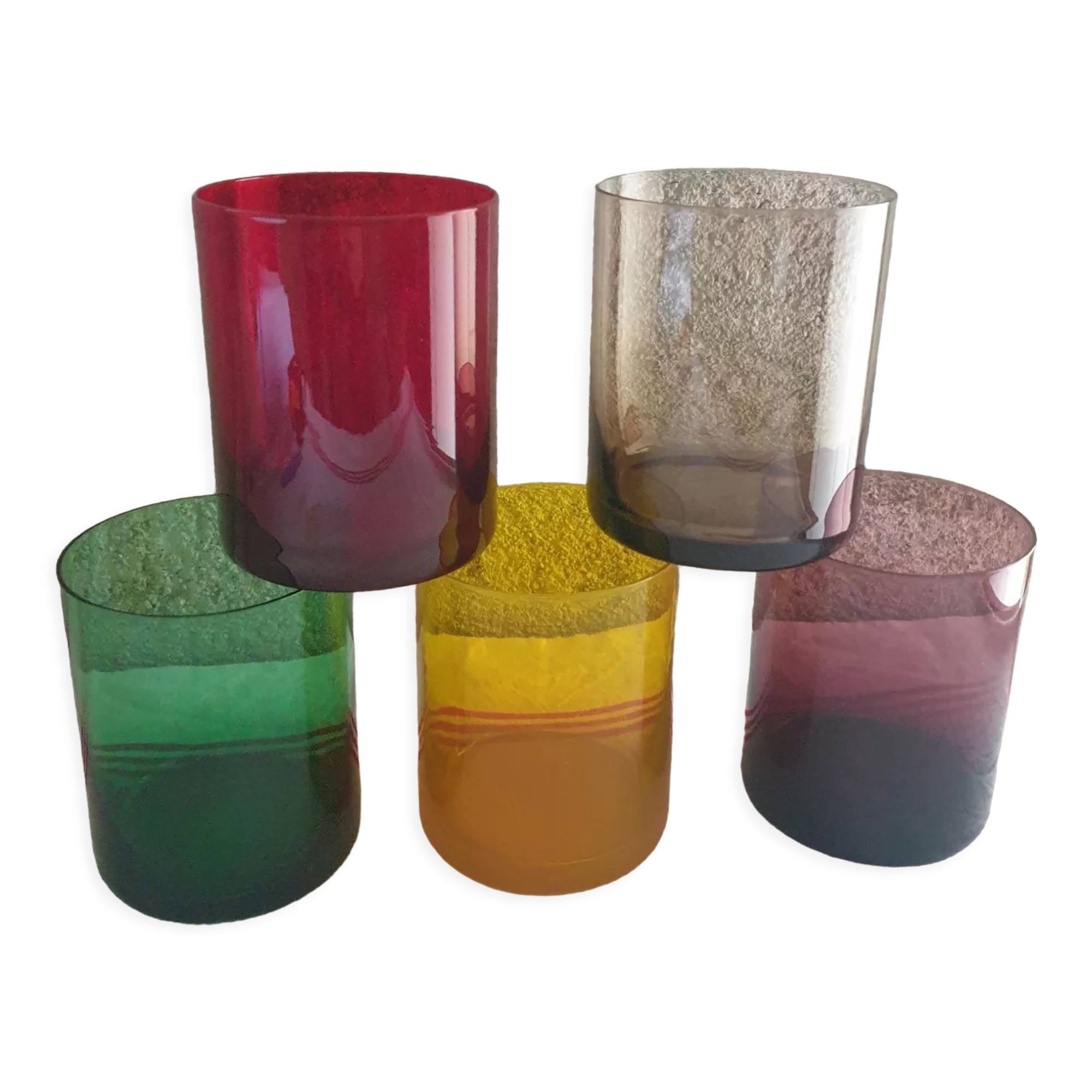 Set of 5 colored mouth-blown glasses 70's