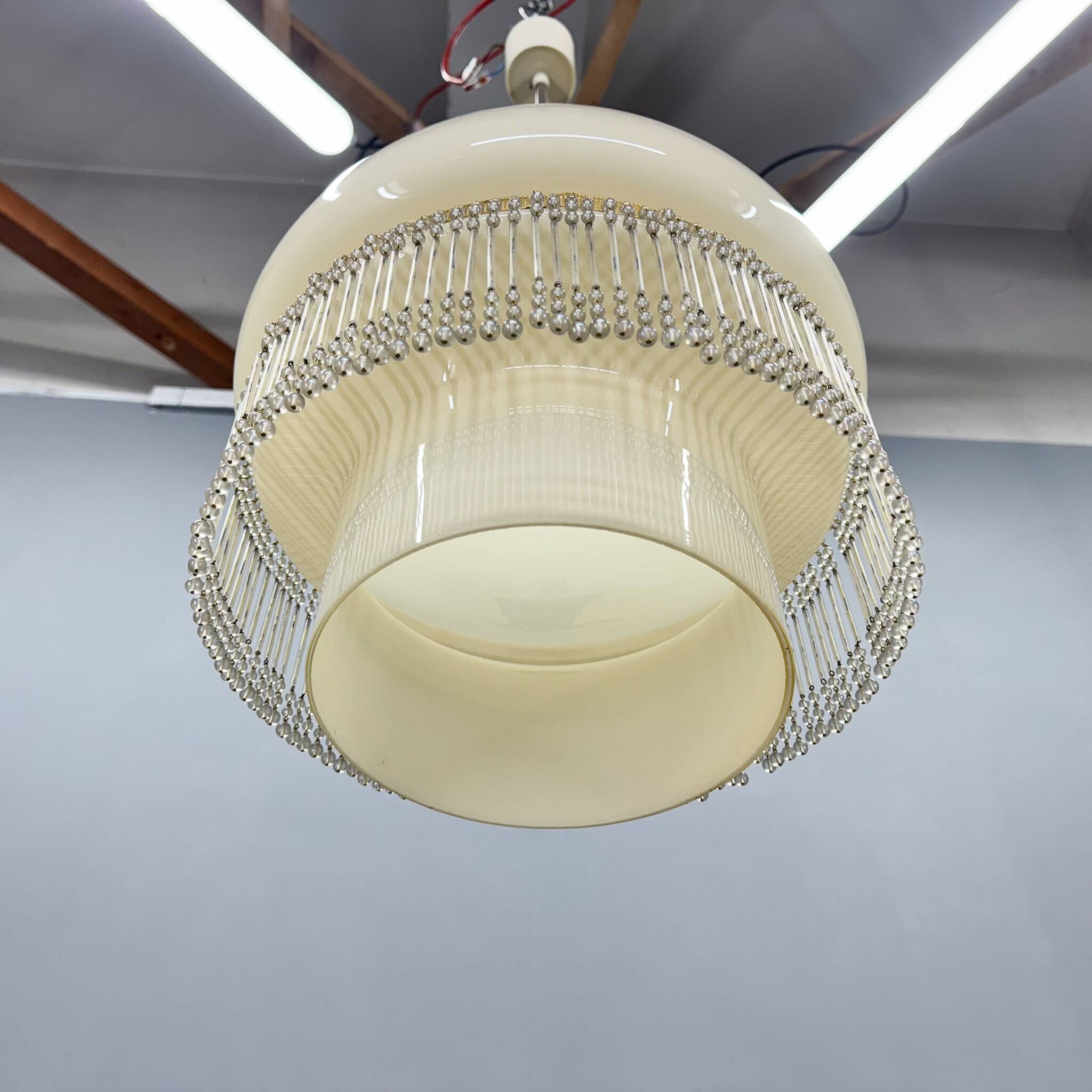 Mid-Century Opaline Glass Pendant Light with Brass Detail & Beads