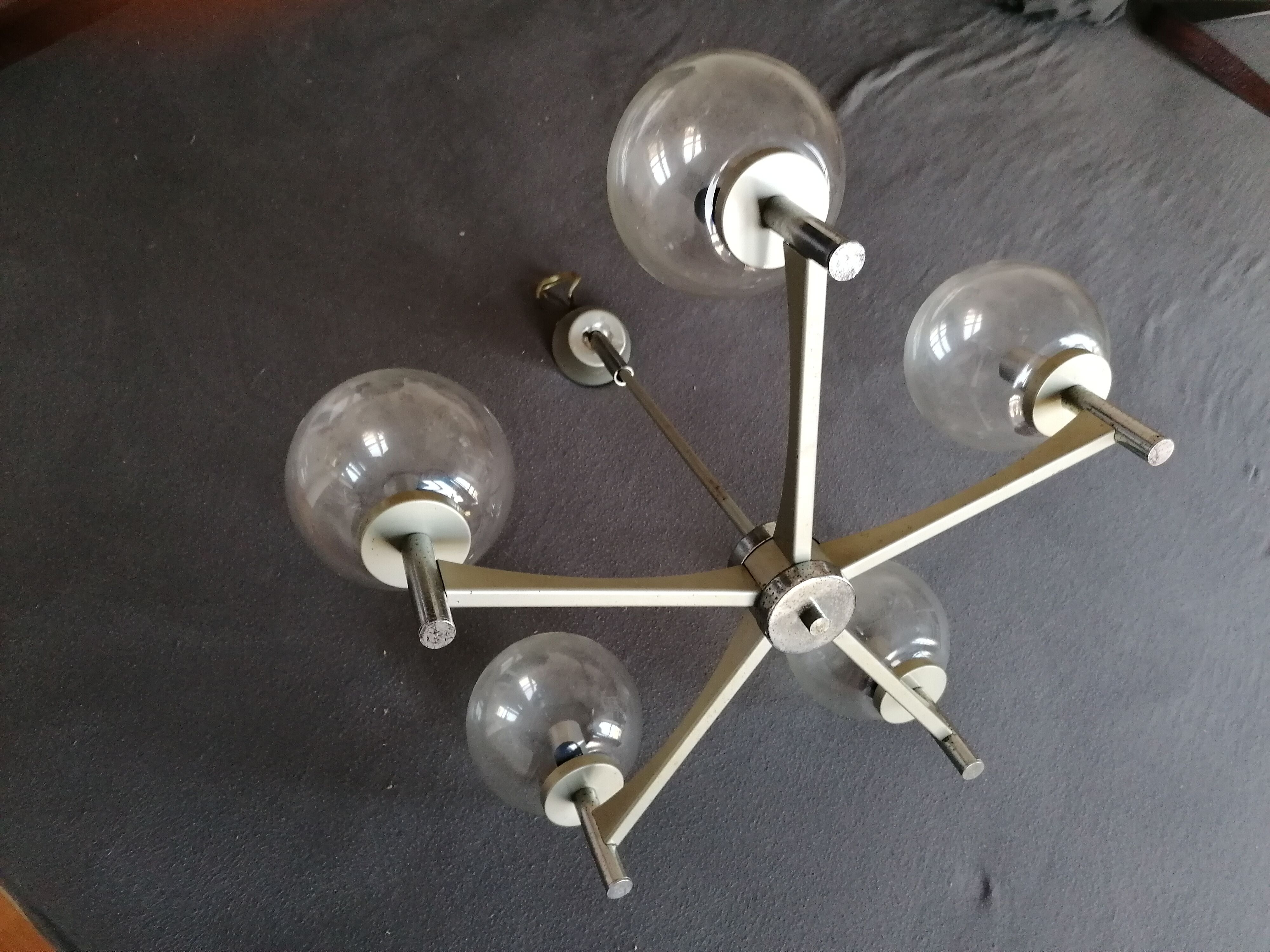 Chrome metal chandelier 5 branches vintage glass globes 60 70