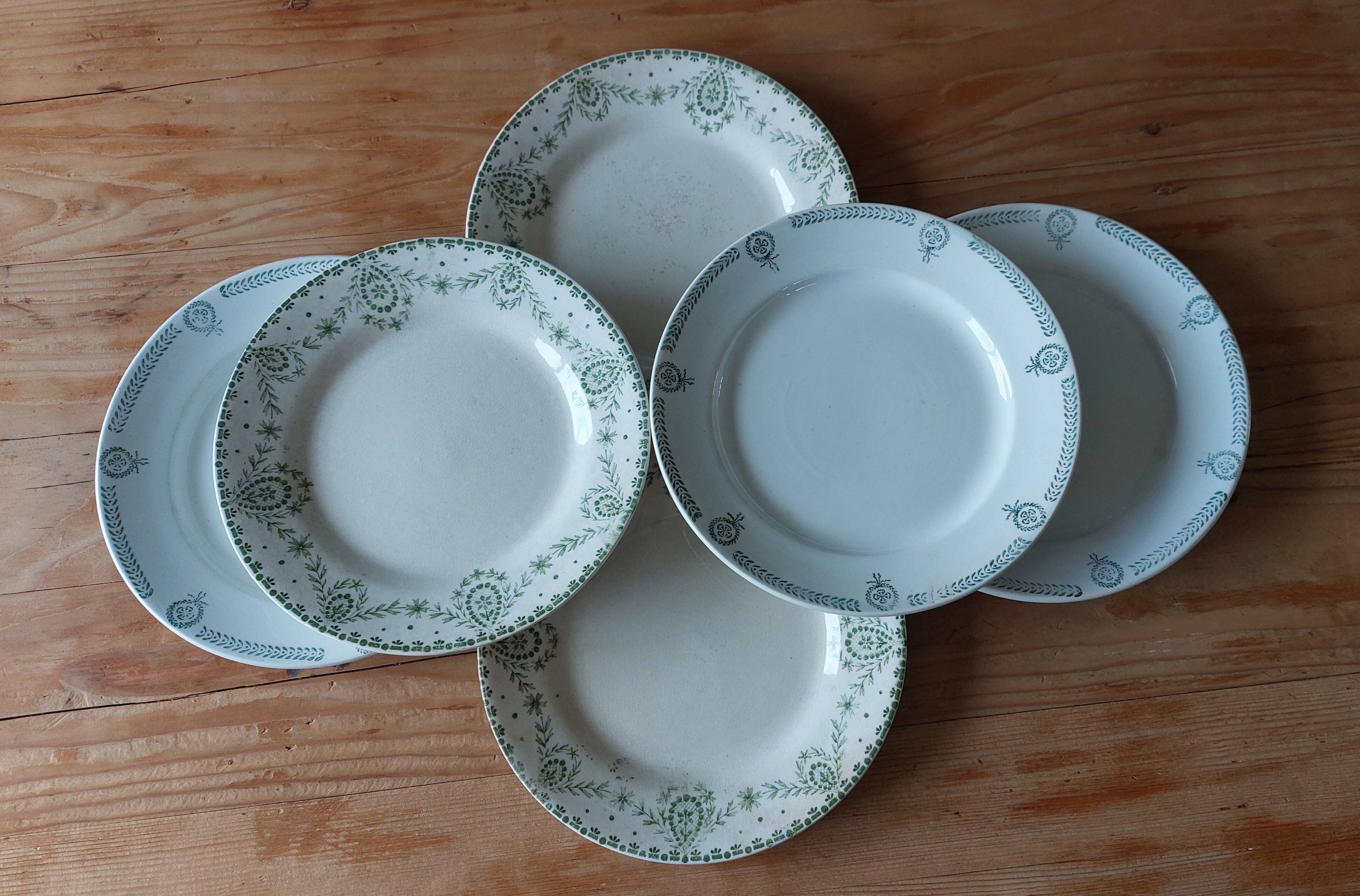 Mismatched set of 6 iron earth dessert plates in green tones
