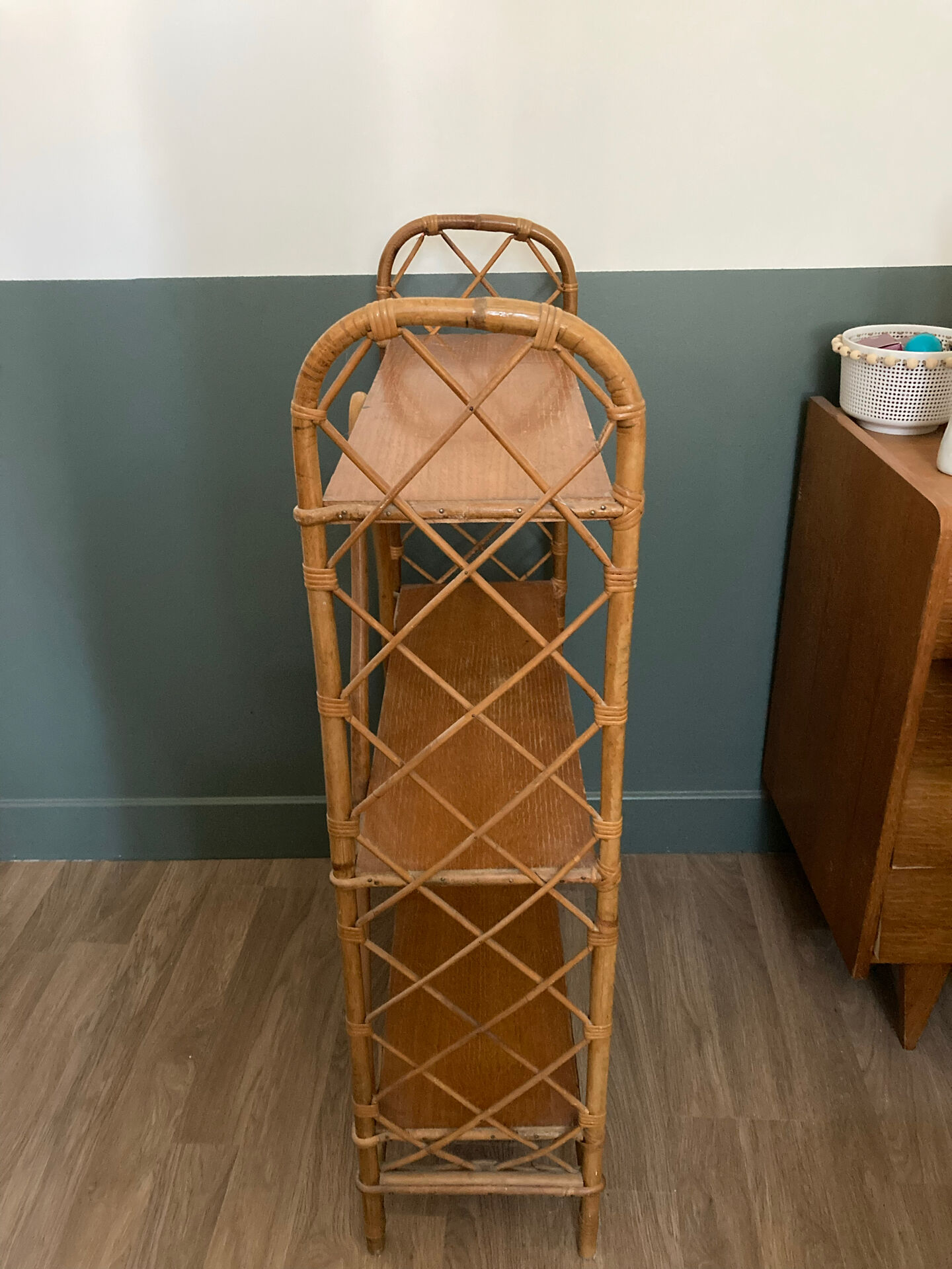 Vintage rattan shelf, library by Louis Sognot