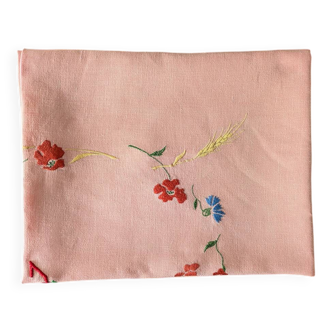 Antique hand-embroidered pink linen tablecloth, 170x130 cm – Unique piece