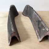 Pair of modernist anthropomorphic fireplace andirons, brutalist log holders 1950s