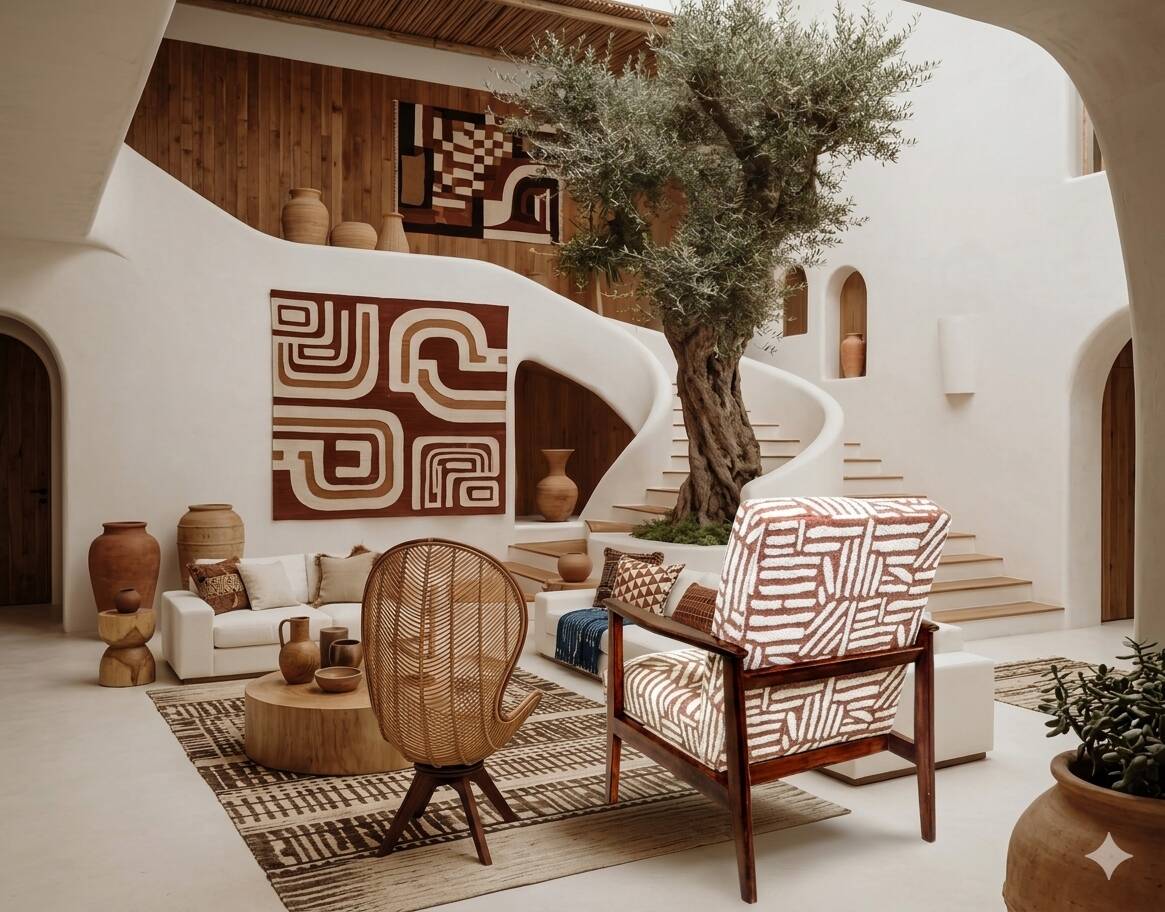 Vintage armchair in solid beech and ethnic jacquard from the 1970s.