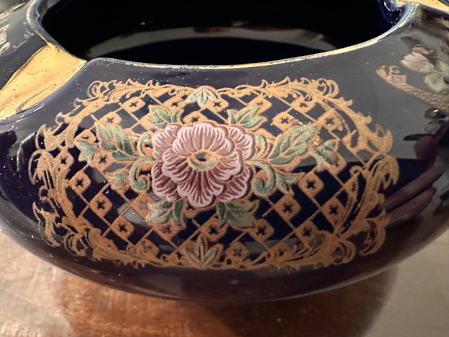 Cobalt Blue Enameled Ashtray, Golden Peacock and Floral Decor - Vintage Italy