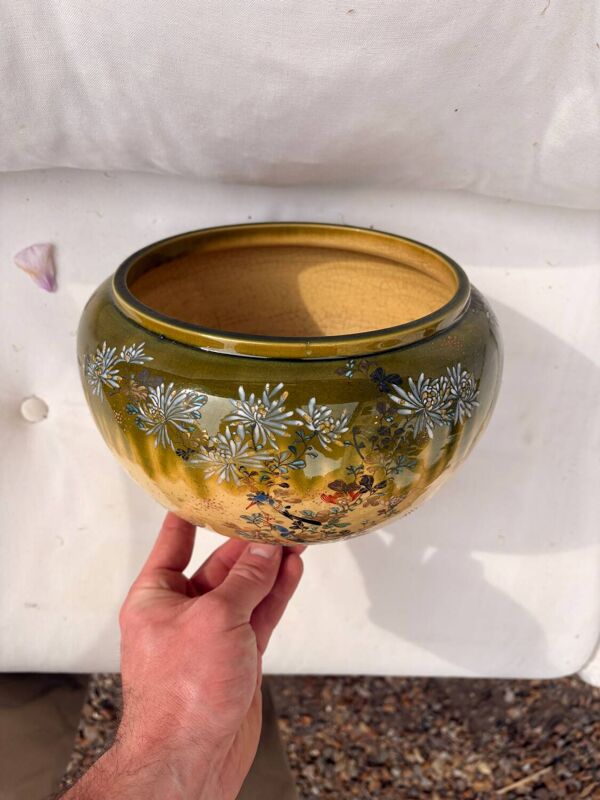 Jardinière, cache-pot japonais en céramique verte, décor oiseau, fleurs Kobe Shuzan Satsuma Meije