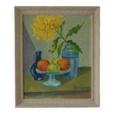 Huile sur panneau originale « Nature morte : Fruits et fleur jaune » encadrée 57x48cm