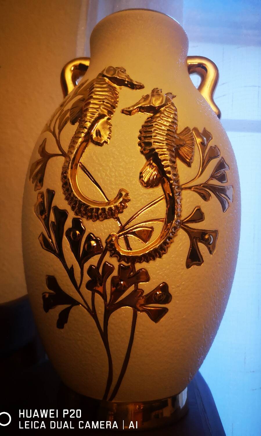 Earthenware vase decorated with seahorses in seaweed, 1940s-50s