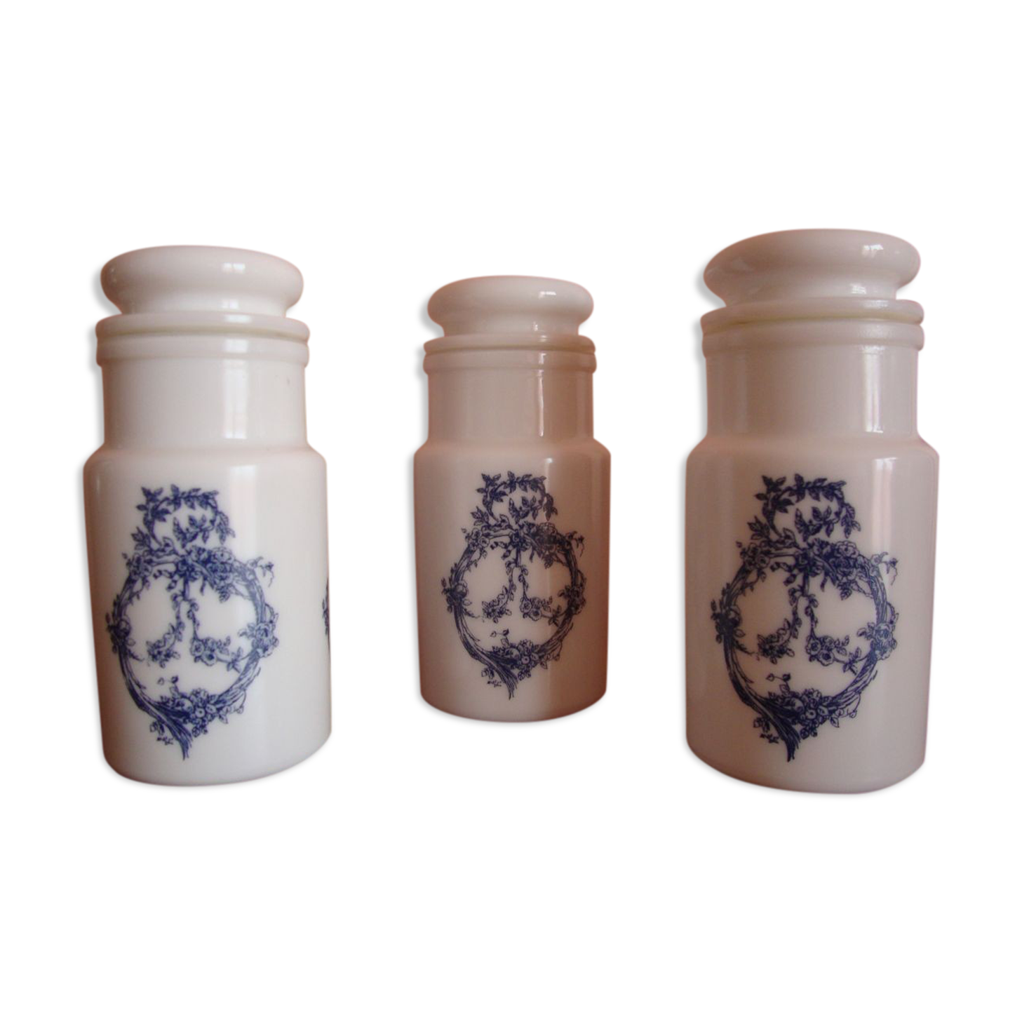 Series of 3 apothecary jars in opaline