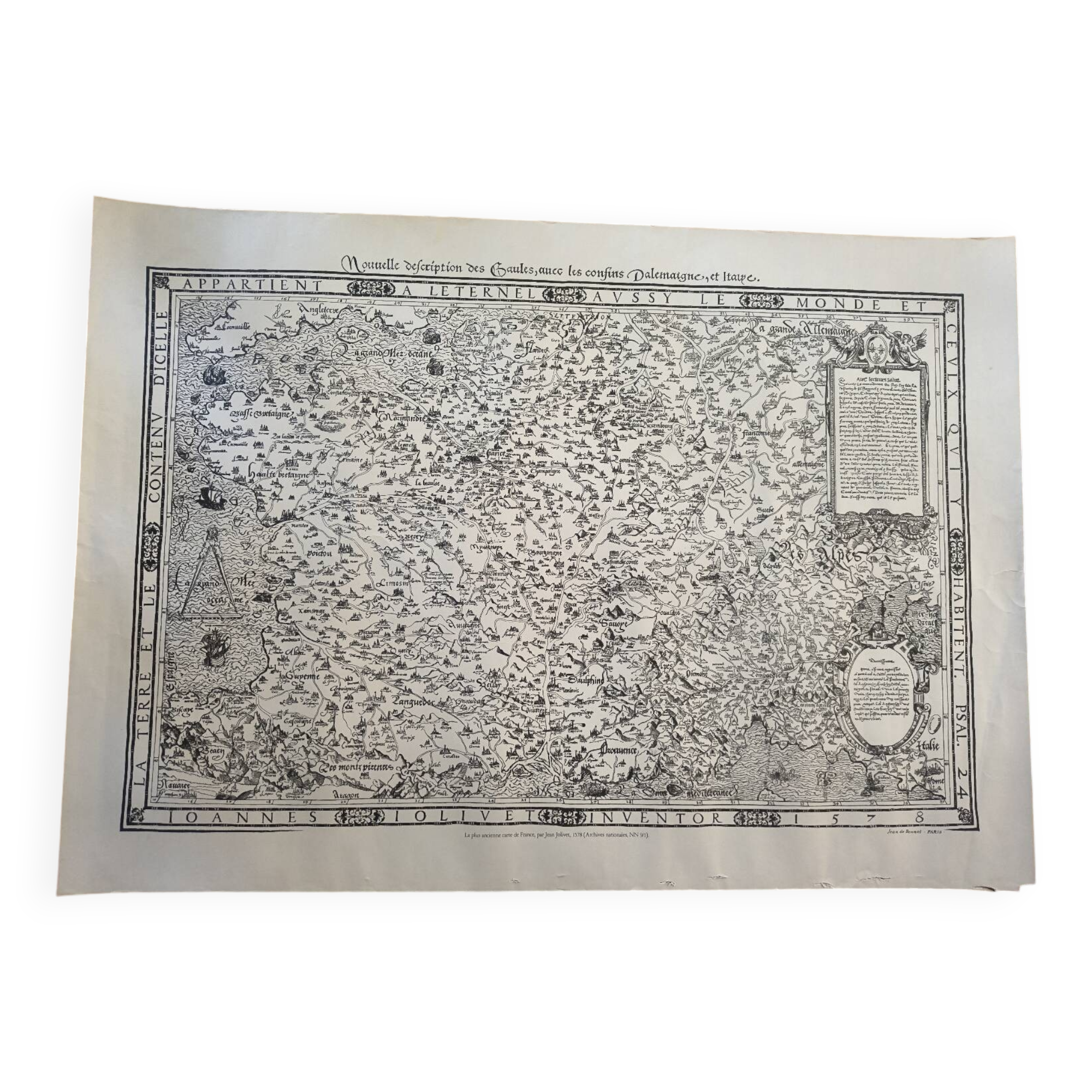 Carte ancienne de la France – Gravure du XVIᵉ siècle Jean Jolivet