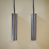 Pair of still tube pendant lights in polished stainless steel, 1970s, new