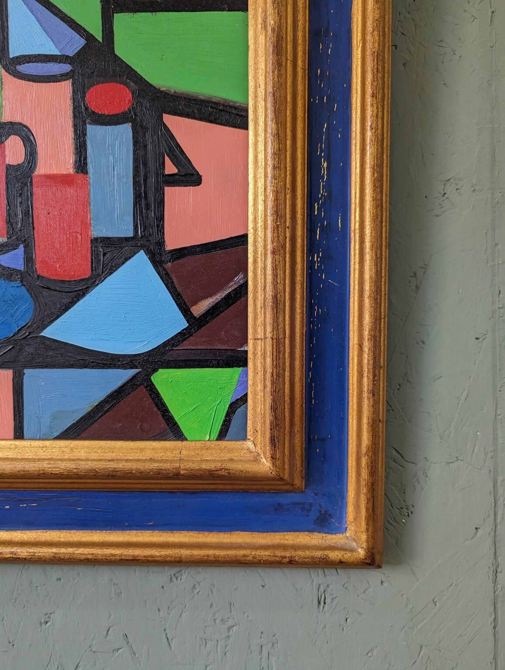 Mid-Century Modern "Geometric Still Life" Vintage Swedish Cubist Still Life Oil Painting, Framed
