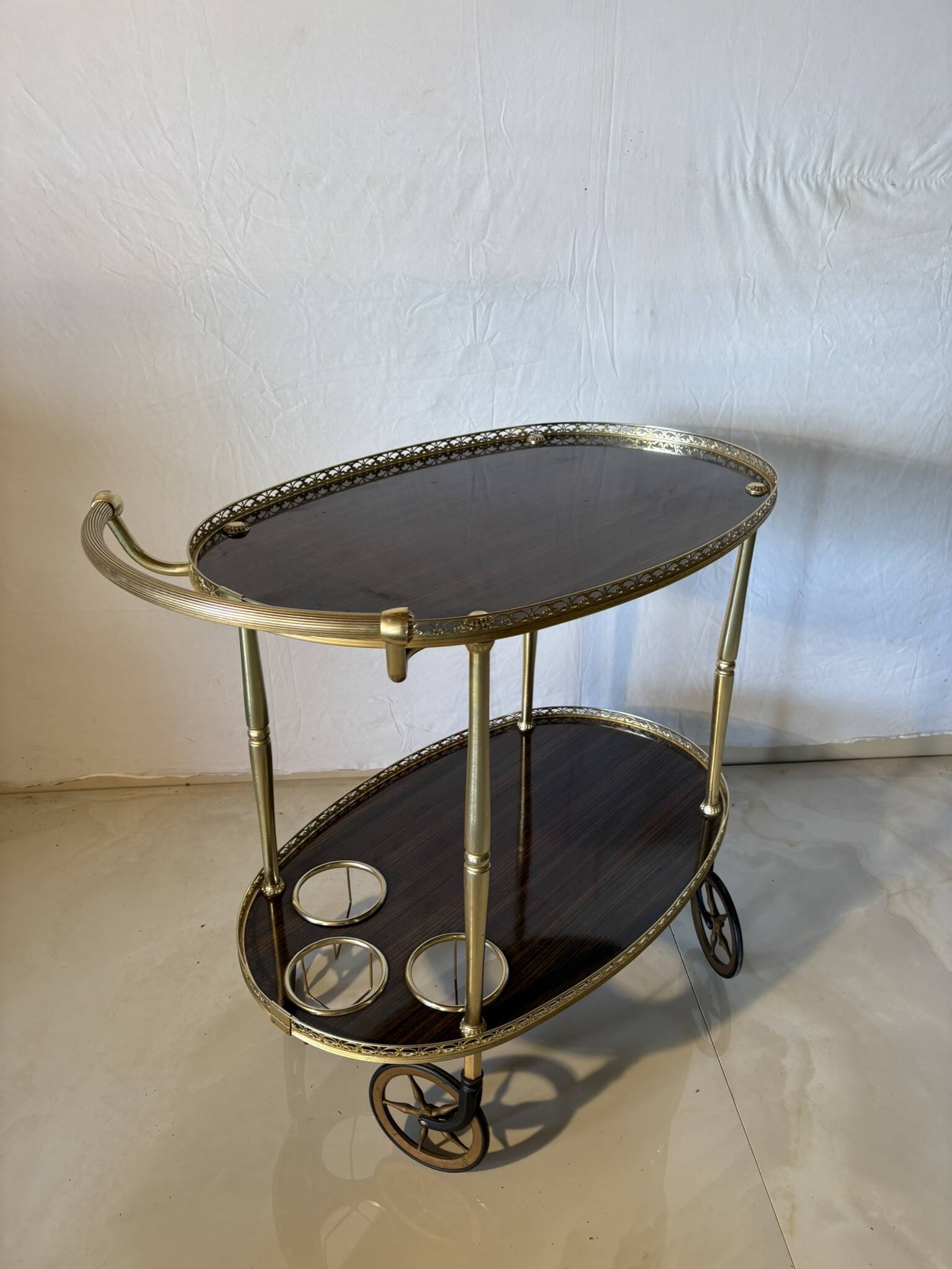 Vintage brass and dark wood serving trolley – 1960s
