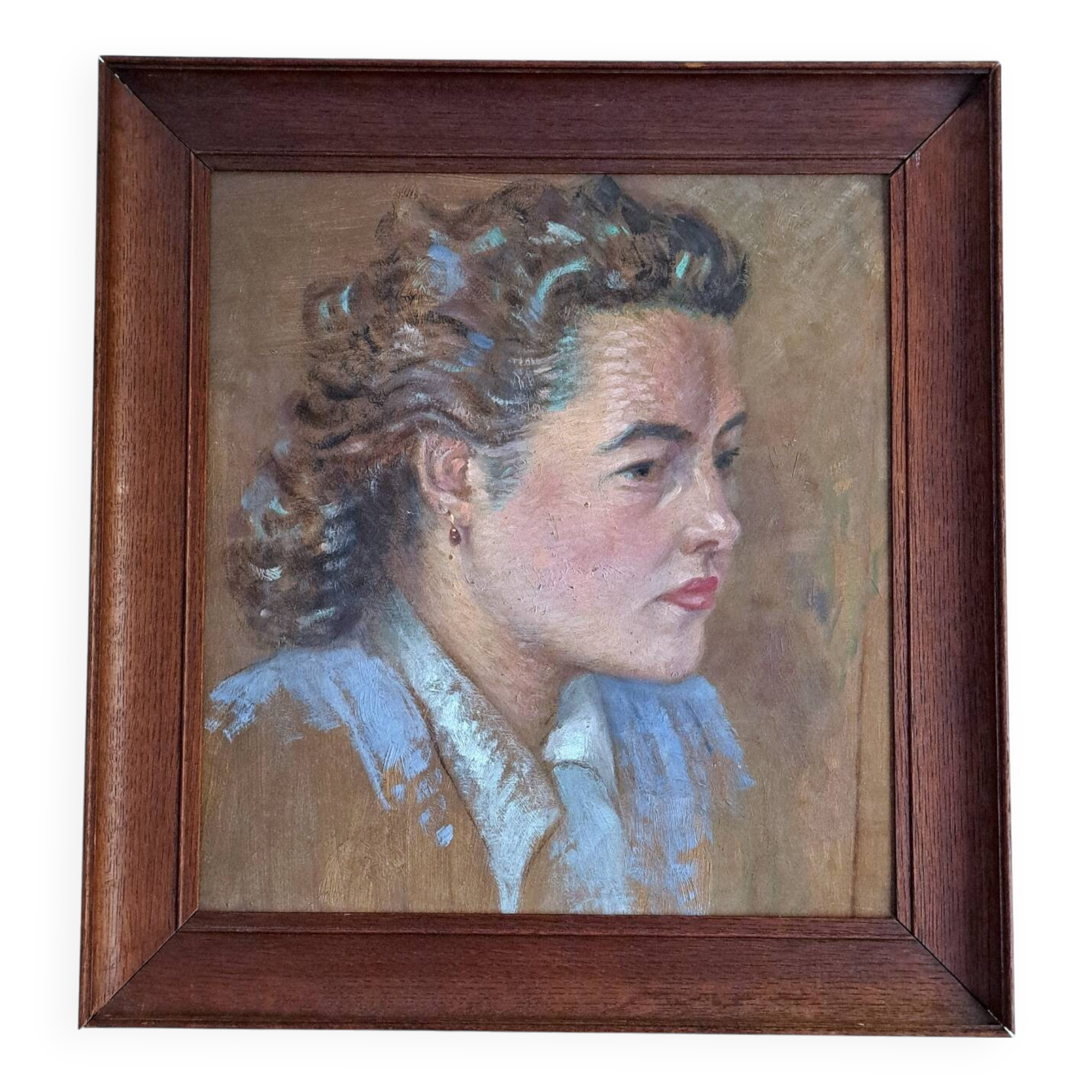 Old painting - Oil on cardboard - portrait of a woman