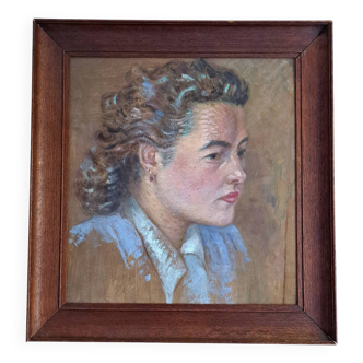 Tableau ancien - Huile sur carton - portrait de femme