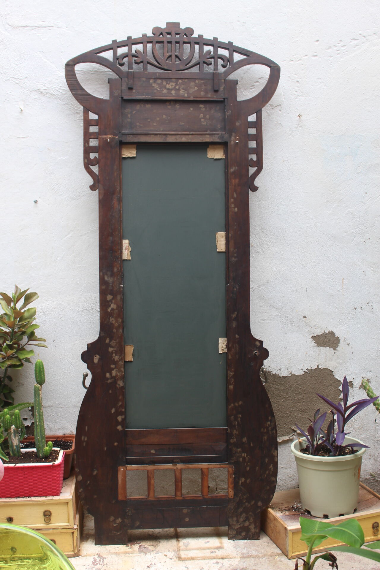 Art nouveau entrance cherry tree wood coat rack with mirror 1890s